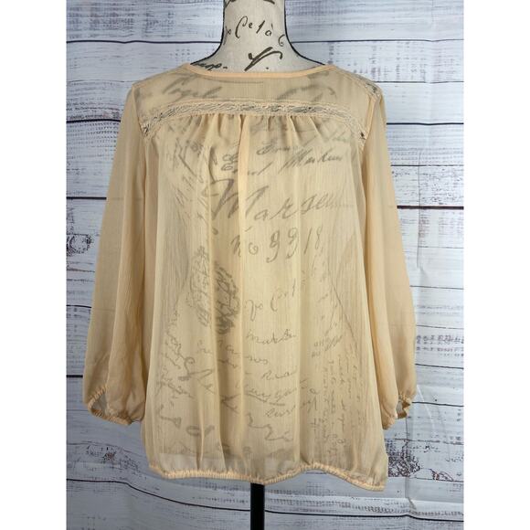 Lily White Blouse Top Womens L Sheer Chiffon Lace Keyhole 3/4 Sleeves Layering - Picture 2 of 10